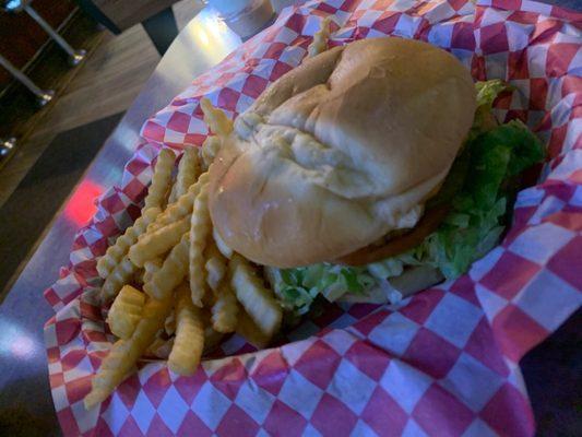 Deluxe cheeseburger and fries! Delicious