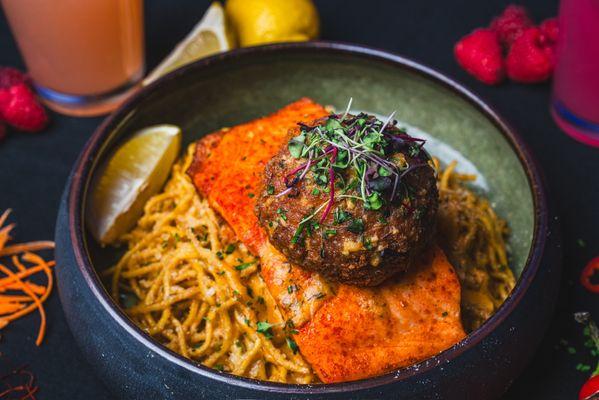 Crabcake Salmon Garlic Noodles