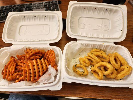 15 dollars for Sweet Potatoe fries and Calamari.  This is their serving size for cheap Calamari.