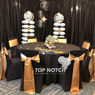 Graduation Balloon Decor.  Balloon columns, balloon centerpiece, grad cap. Great from Prom decor as well.