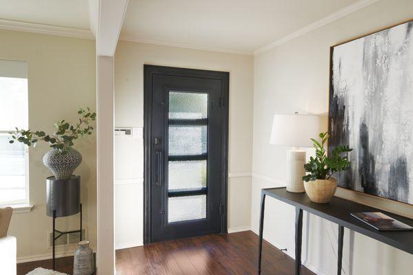 This custom designed contemporary single door looks beautiful both inside and outside the home!