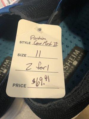 BOGO shoes are labeled with brand, size, "2 for 1", and the price.