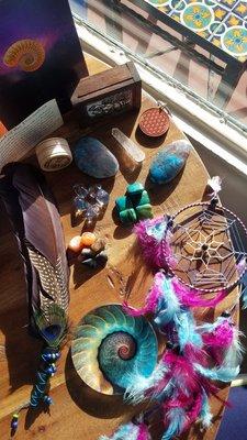 My goodies!  Smudging feather, dreambox, various stones, dreamcatcher, a mini chest, and a fractal nautilus shell plate...love this shop