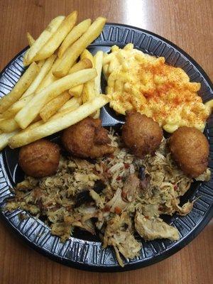 Pulled pork meat plate (comes with 2 sides of choice and hush puppies) $9.95