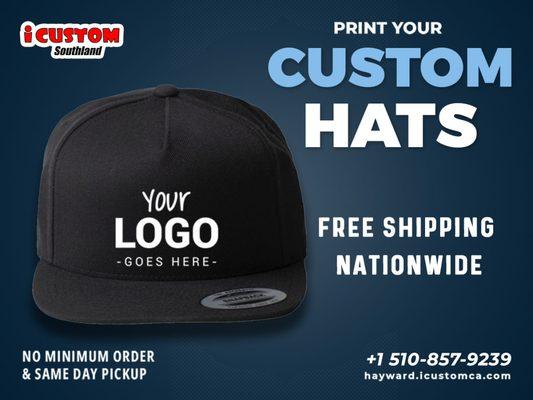 Customize your own design or logo into your hat from iCustom!

Free Shipping Nationwide
No Minimum Order
Sameday Pickup