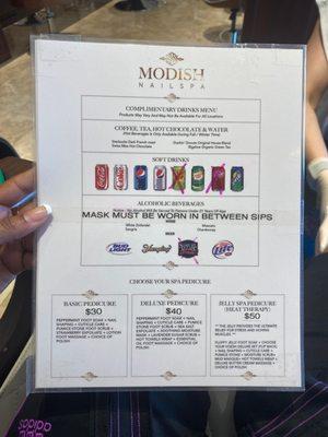 Complementary drink menu