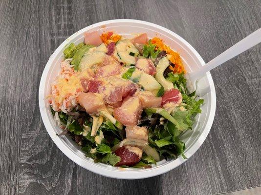 Large Bowl. Mixed Greens & Rice. Tuna, Hamachi and Crab.