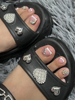 French tip pedicure with bling