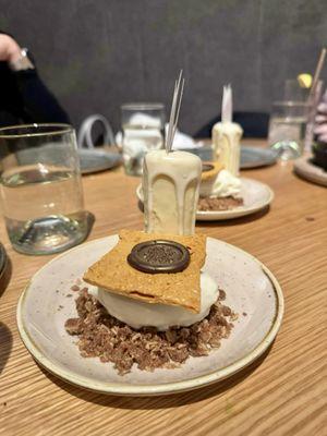 Complimentary celebratory dessert - Honeycomb Vanilla Ice Cream Crumble with White Chocolate edible candle