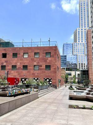 Walkway behind LA MOCA from Angels Flight Railway to Colburn School. The Grand by Gehry in the background.