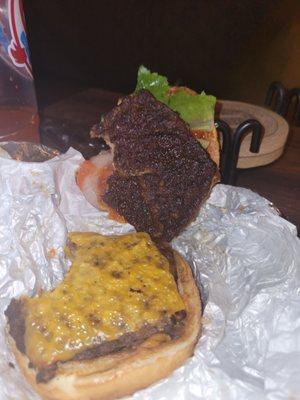 Overcooked inedible double cheeseburger