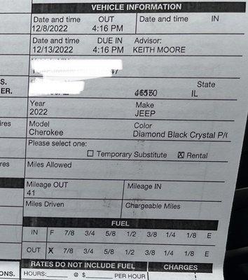 Intake form with miles and fuel level as well as when I left