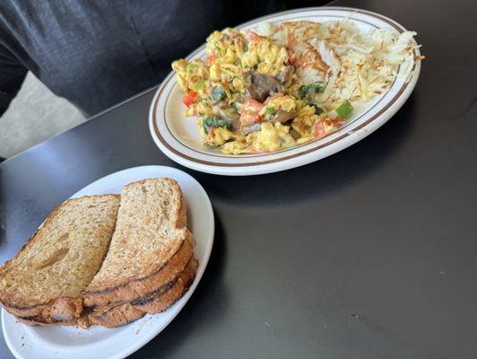 Veggie omelet scrambled.