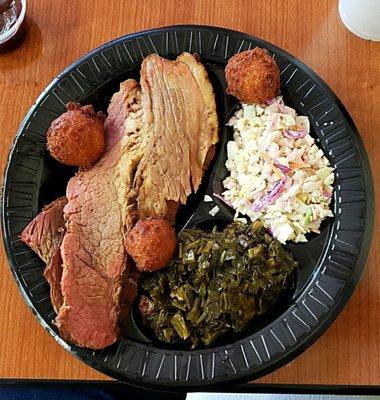 Brisket, slaw, collards and hush puppies.