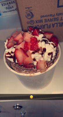 Strawberry, Oreo, n Nutella rolled ice cream (whipped cream, strawberries, chocolate syrup)