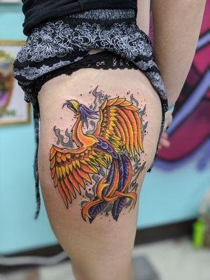 Pheonix tattoo by Boulder, CO Traditional Tattoo artist Jordan Lucky.