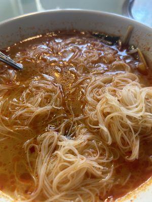 Noodle soup- Tom yum base (.25 spice) with small rice noodles. Opted for no quail eggs.