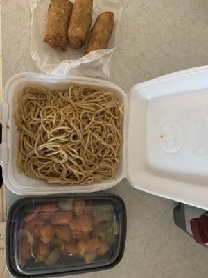 1 entree , 1 noodle, 3 Egg Rolls.