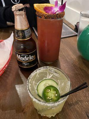 Spicy cucumber margarita and michelada