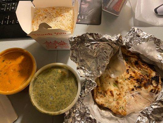 Birds eye view of the palek paneer and butter chicken