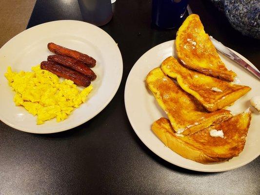 French toast, scrambled eggs, sausage