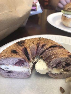 Blueberry bagel with maple walnut cream cheese. Excellent!