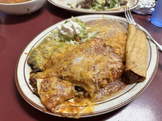 Enchiladas, taco and chili relleno