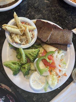 Gyro Platter Lamb and Beef Mixture with Steamed Broccoli and Pasta Salad