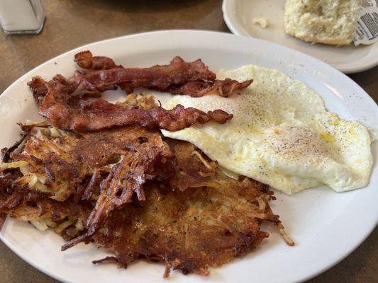 The #2 breakfast. Well done hash browns.