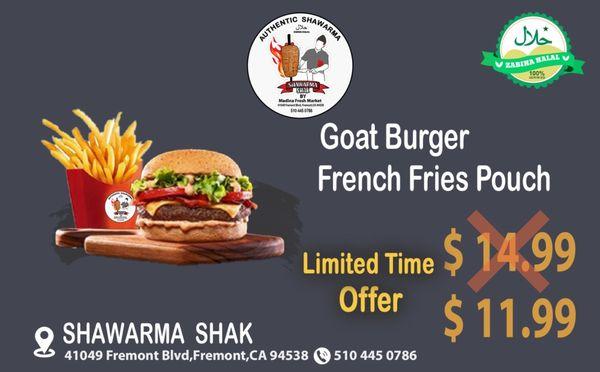 Fresh halal ground goat meat served with frensh fries and your choice of mini sodas