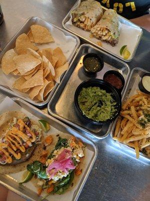 Original California Burro, Veggie Taco, Fried Avocado Taco, Loco Fries, Chips and Guac