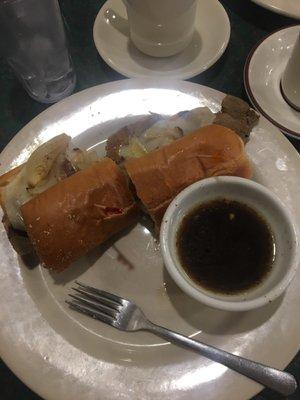 French dip + Swiss cheese and grilled onions. Very good! Great service, as well!