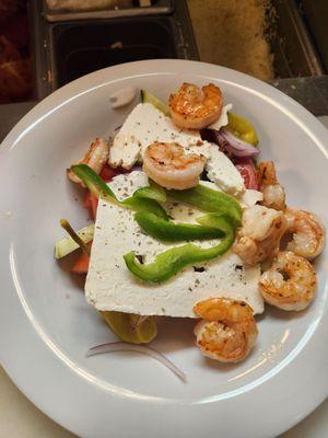 Horiatiki salad with grill shrimp.