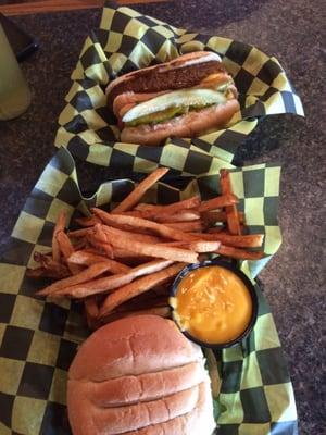 Chili Cheese hotdog, Chicago hotdog, and American burger