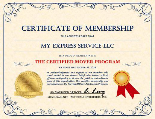 Certified Mover My Express Service Moving Moving Supplies 126 Baldwin ave. Jersey City, NJ, 07306 800-809-0392 201-432-3400