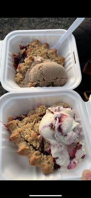 Slice of (warm) marionberry pie with caramel ice cream (top) and strawberry cheesecake ice cream (bottom)