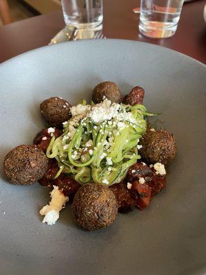 Zoodles with falafel, roasted vegetable and mushroom ragu , goat feta...