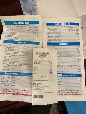 Montrose Chinese Restaurant menus and receipt all showing different pricing.