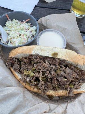 Hatch Chili Philly cheesesteak - white cheddar cheese sauce on the side