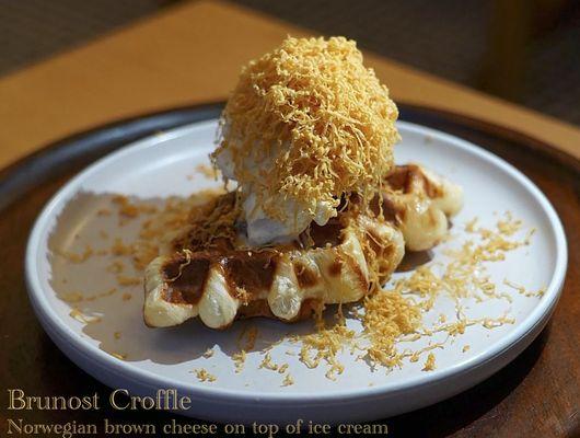 New menu named as brunost croffle. Croissant dough waffle with our excellent ice cream and brunost; tastes sweet and caramel-like.