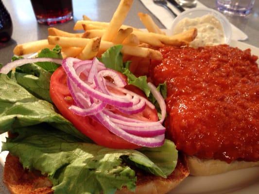 Their special: buffalo cod sandwich with slaw (not pictured, it was on the side), French fries, and tarter sauce. Delicious!