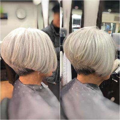 Platinum silver coloring + pixie cut  by Jay