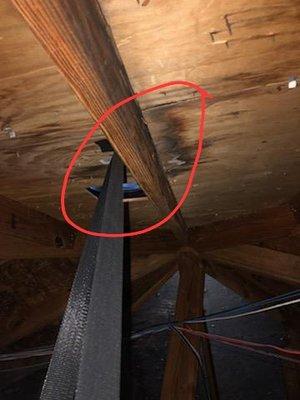 Water damage after storm because roof was not properly repaired and turbine was not properly sealed.