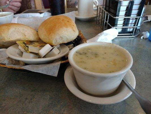 Cream of brocolli soup and rolls.  Super good.