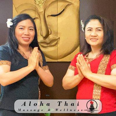 Waxing & Thai Massage Specialist Pon on the left and Thai Massage Deep Tissue Specialist Wan on the right.