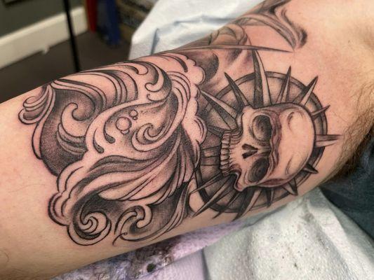 blackwork addition to a sleeve by Lisa Schmoldt tattooing 30+ years