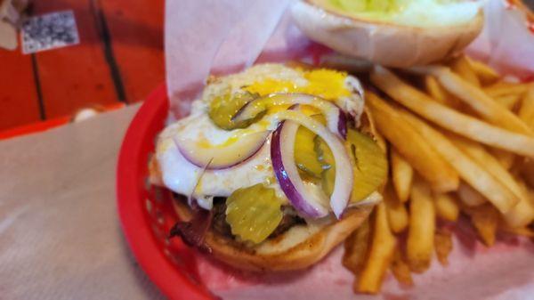 Open Royal Burger with fried egg visible