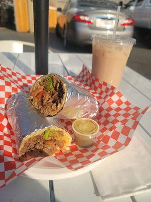 Asada burrito and horchata