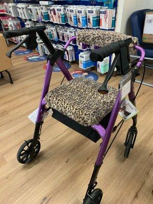 Nana got this purple walker and wanted the fancy leopard print cover. They also had a lot of compression socks and fitter to help.