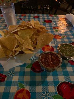 Chips and salsa...green and red delivered to the table when you sit down.